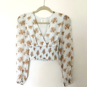 Aritzia Wilfred Puff Sleeve Minty Green Smock Cropped Blouse Tops Sz XS